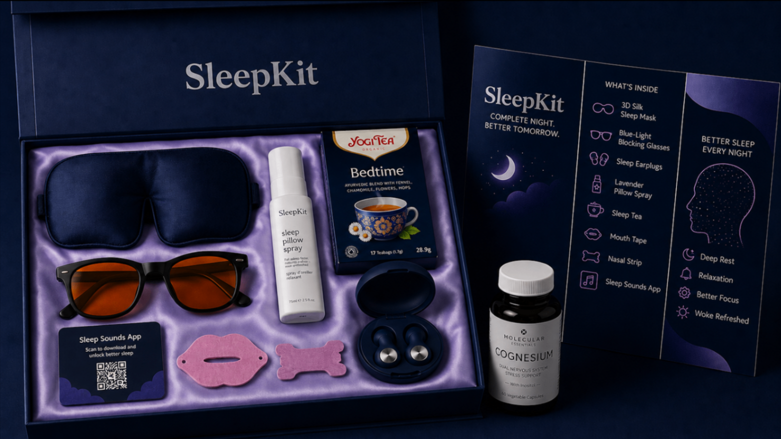 Caja de SleepKit abierta con su sistema de sueño guiado dispuesto en su interior
